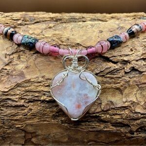 Rare Coral Jasper pendant w/ Glass & Ceramic Beads
